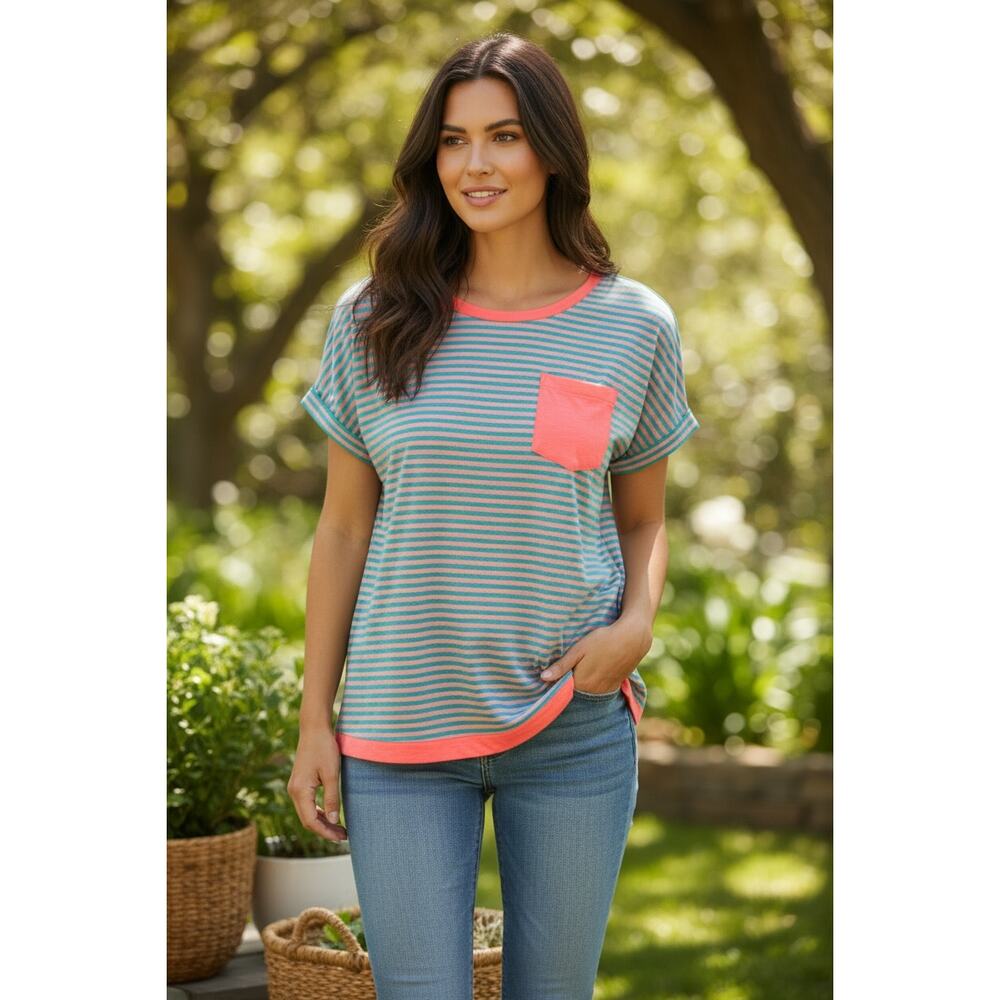 Robin-K Striped Colorblock Top Coral & Teal Short Sleeve Blouse Size Medium